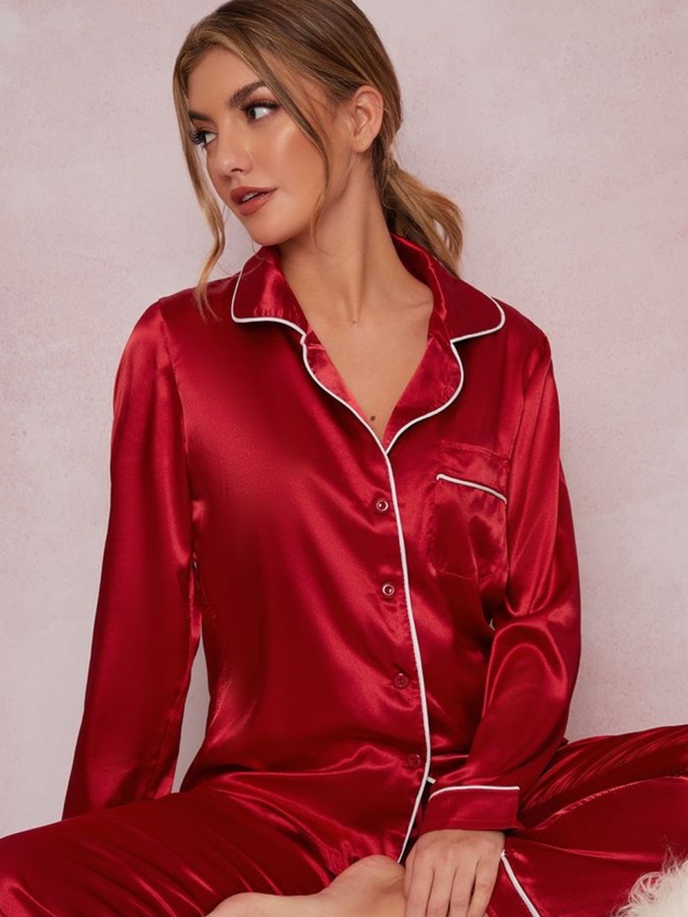 Maroon Satin Pajama Set with Contrast Piping • NWT • Top-23" p2p 27" length